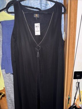 JM Collection, Global Dreamland Black Sleeveless 2-layer V-Neck Dress wNecklace